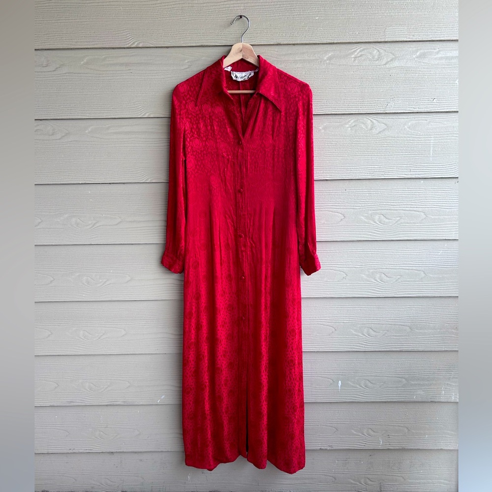 Womens Saks Fifth Avenue Long Sleeve Silky Button Down Red Patterned Dress